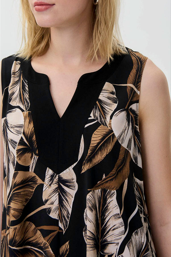Joseph Ribkoff 231122 Black/Taupe Leaf Print Contrast Trim Trapeze Top