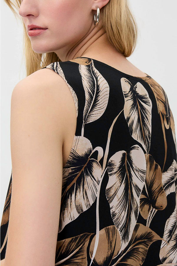 Joseph Ribkoff 231122 Black/Taupe Leaf Print Contrast Trim Trapeze Top