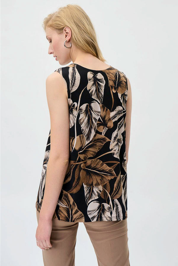 Joseph Ribkoff 231122 Black/Taupe Leaf Print Contrast Trim Trapeze Top