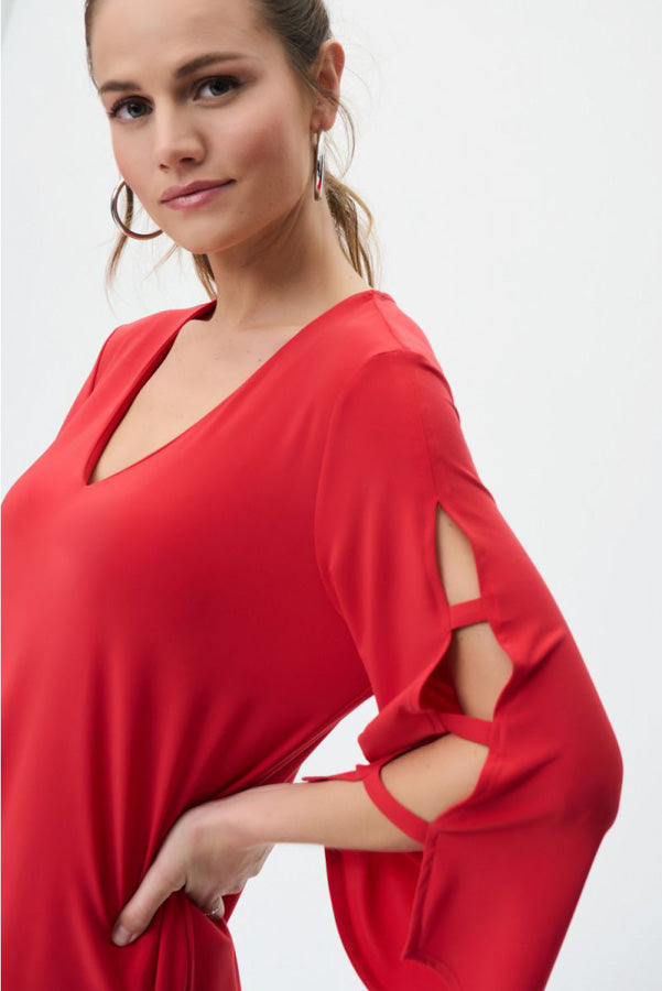 Joseph Ribkoff 231156 Magma Red Cutout Sleeve Asymmetric Tunic Top