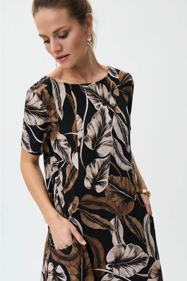 Joseph Ribkoff 231162 Black/Taupe Leaf Print Cutout Back Shift Dress
