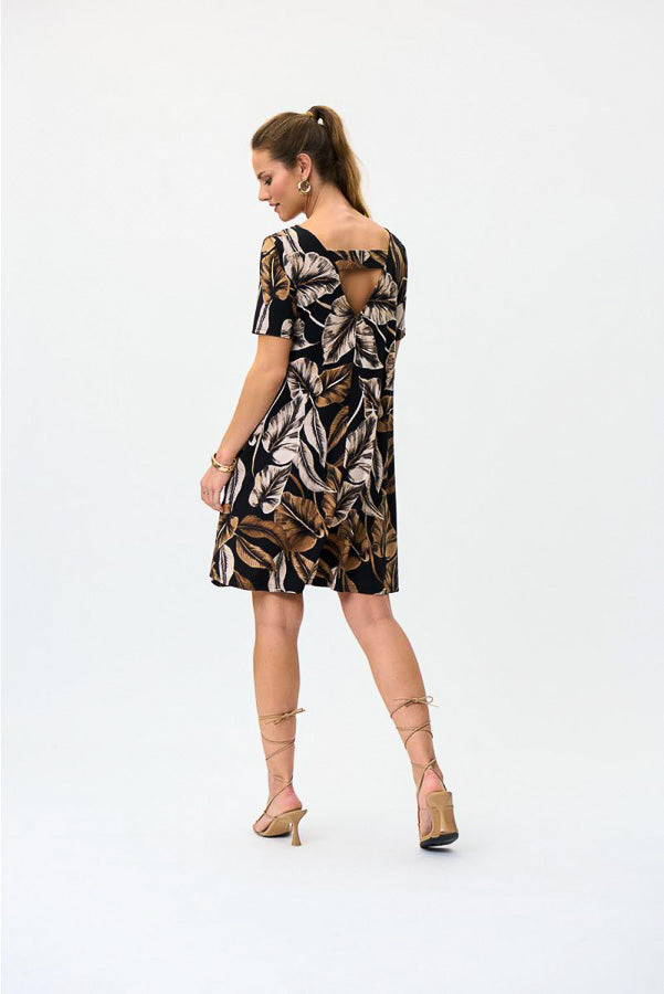 Joseph Ribkoff 231162 Black/Taupe Leaf Print Cutout Back Shift Dress