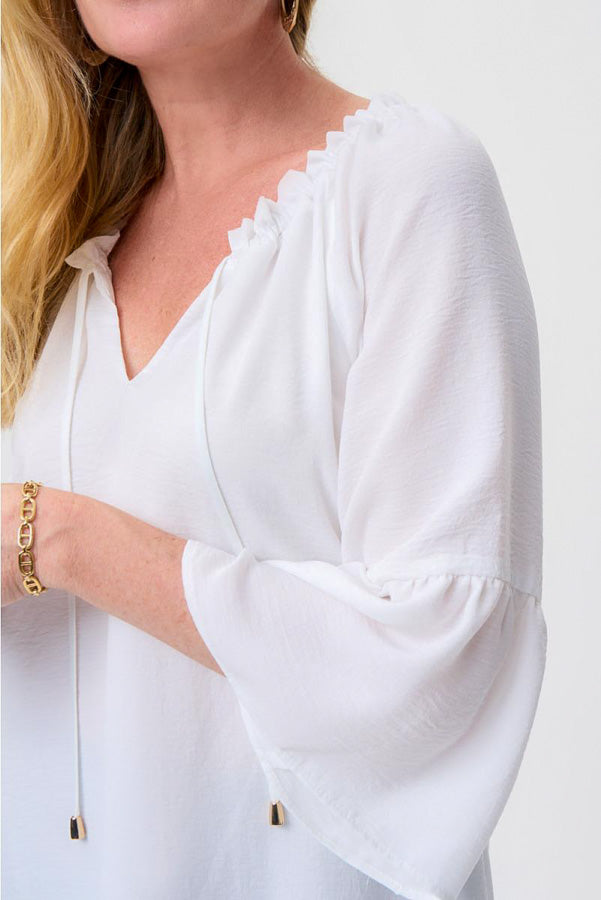 Joseph Ribkoff 231206 White Shirred V-Neck 3/4 Sleeve Top