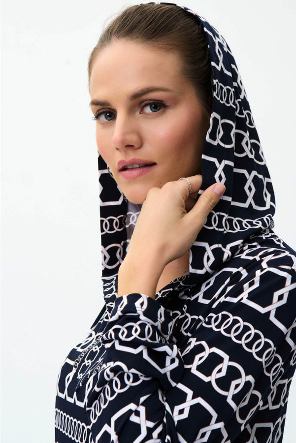 Joseph Ribkoff 231259 Midnight Blue/Multi Chain Print Hooded Tunic Top