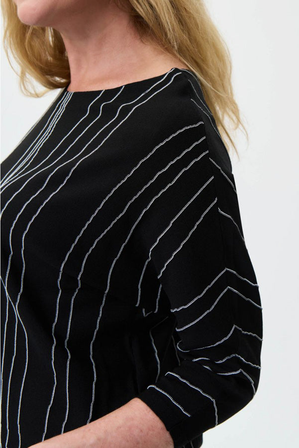 Joseph Ribkoff 231936 Black/Vanilla Striped Knit Asymmetric Top
