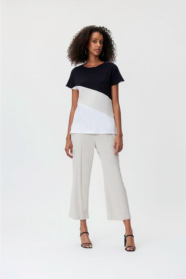 Joseph Ribkoff 232180 Vanilla/Moonstone/Black Color Block Short Sleeve Top
