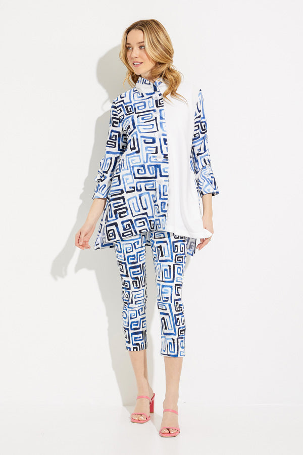 Joseph Ribkoff 232229 Blue/Vanilla Blocked Meander Print 3/4 Sleeve Jacket