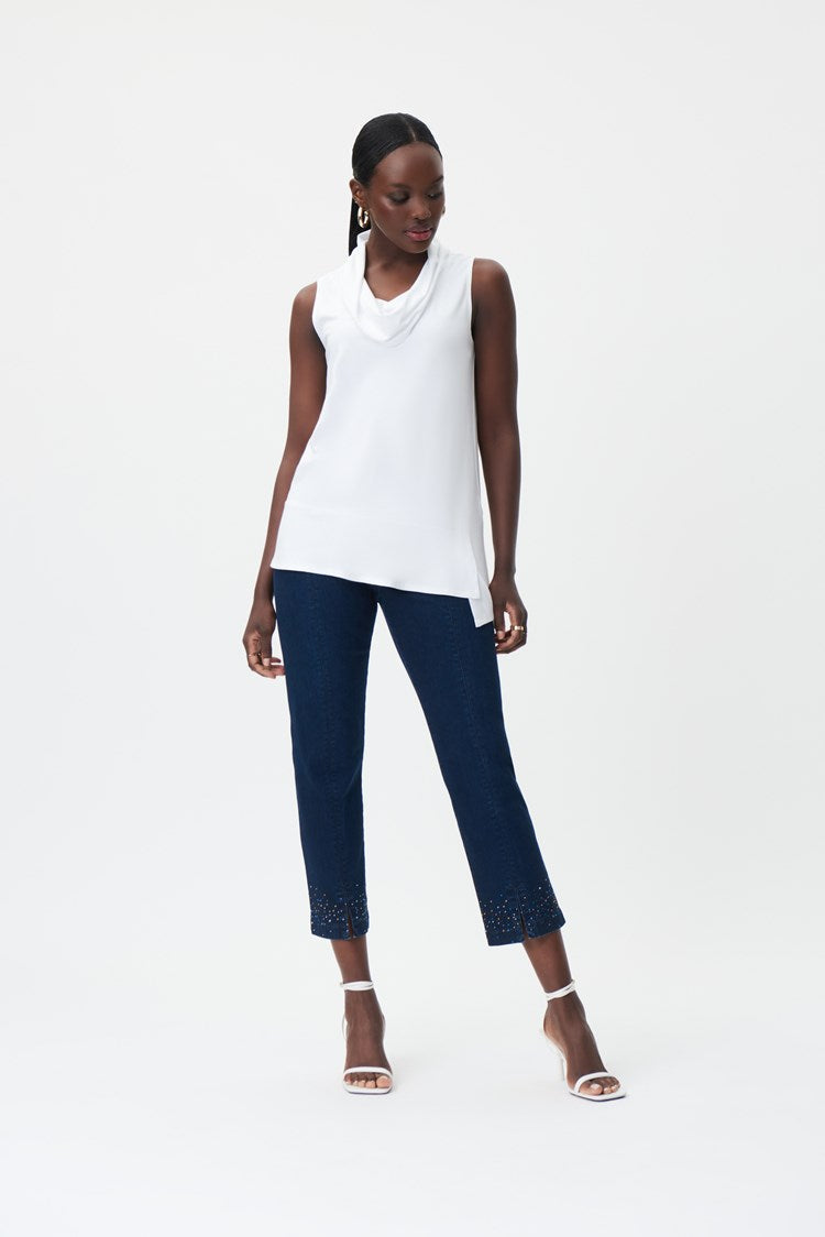 Joseph Ribkoff 232940 Dark Denim Blue Rhinestone Detail Split Front Cropped Jeans