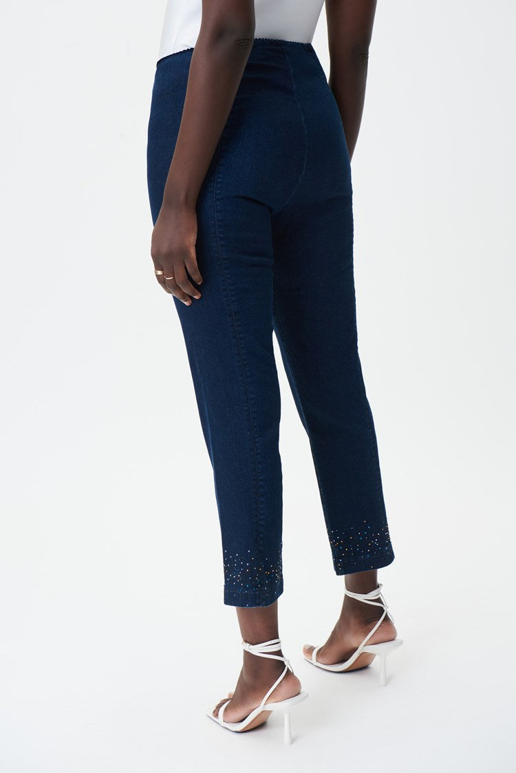 Joseph Ribkoff 232940 Dark Denim Blue Rhinestone Detail Split Front Cropped Jeans
