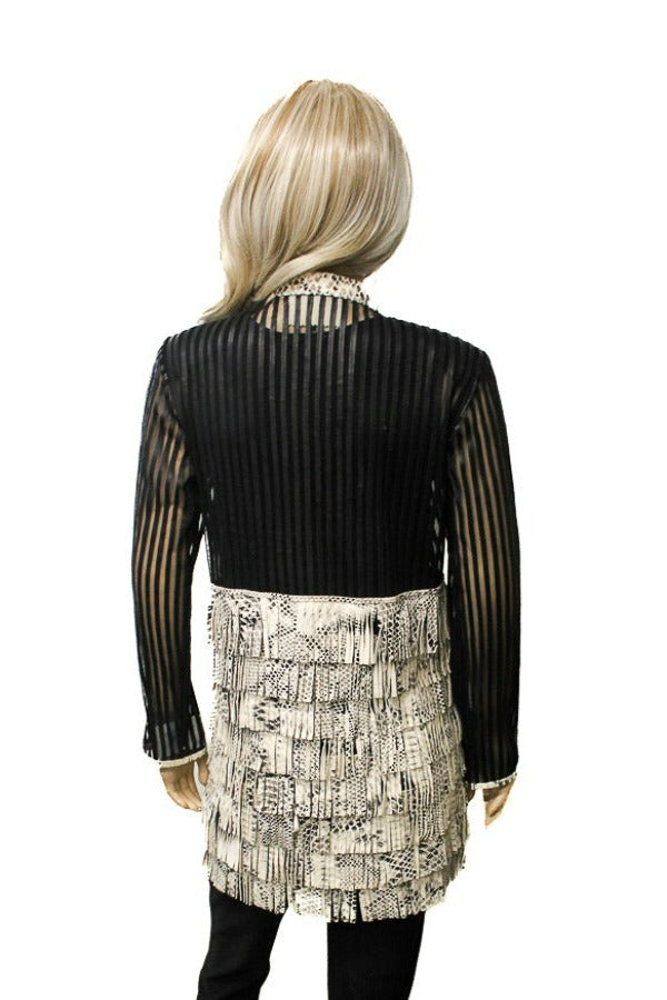 ABF 11910096A Black/Ivory Python Print 7-Layer Fringe Leather Jacket