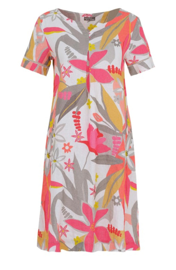 Dolcezza 25703 Pink/Multi-Color Floral Print Linen Dress