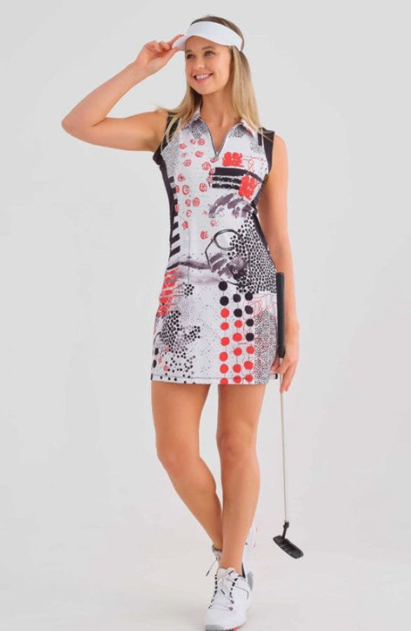 Dolcezza 25758 Black/White/Red "Coral Shards" Abstract Print Dress