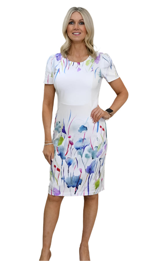 Dolcezza 25788 White/Multi Watercolor Floral Print Dress