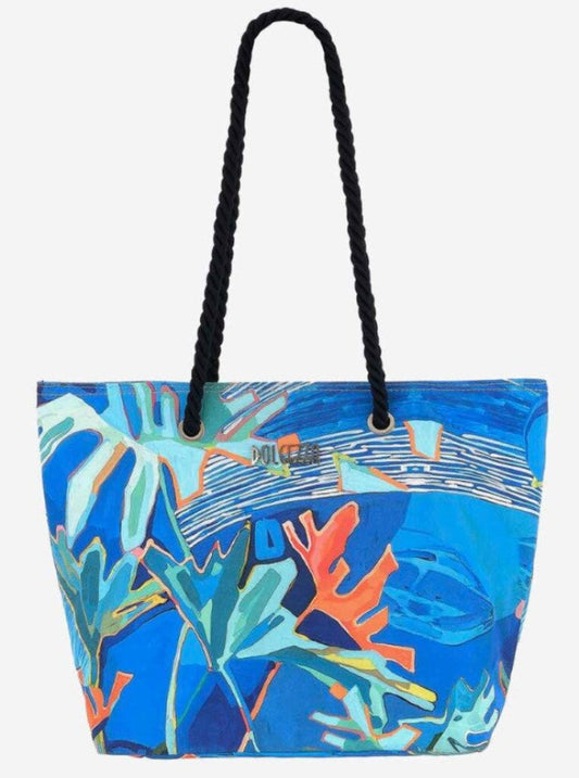 Tote bag with a blue and orange abstract design on a white background