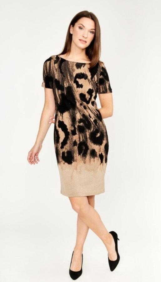 Frank Lyman 233410 Black/Beige Animal Print Knit Dress