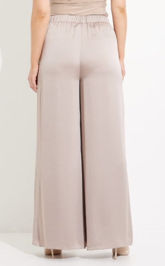 Beige wide-leg pants worn by a person on a white background