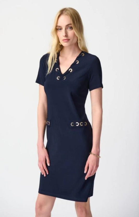 Joseph Ribkoff 241012 Midnight Blue Eyelet Details Short Sleeve Shift Dress
