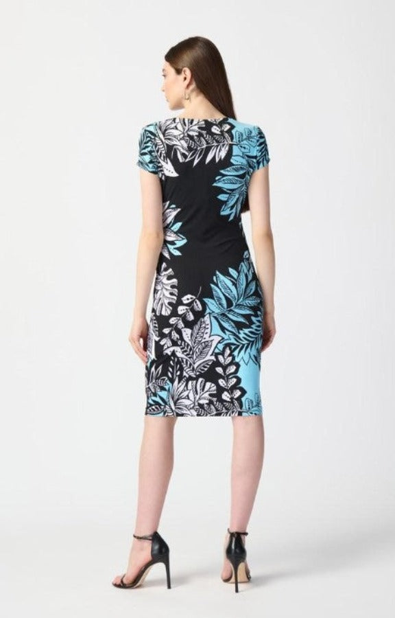 Joseph Ribkoff 241287 Black/Multi Tropical Print Faux Wrap Sheath Dress