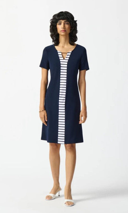 Joseph Ribkoff 242068 Midnight Blue/Vanilla Striped Keyhole Neck Shift Dress