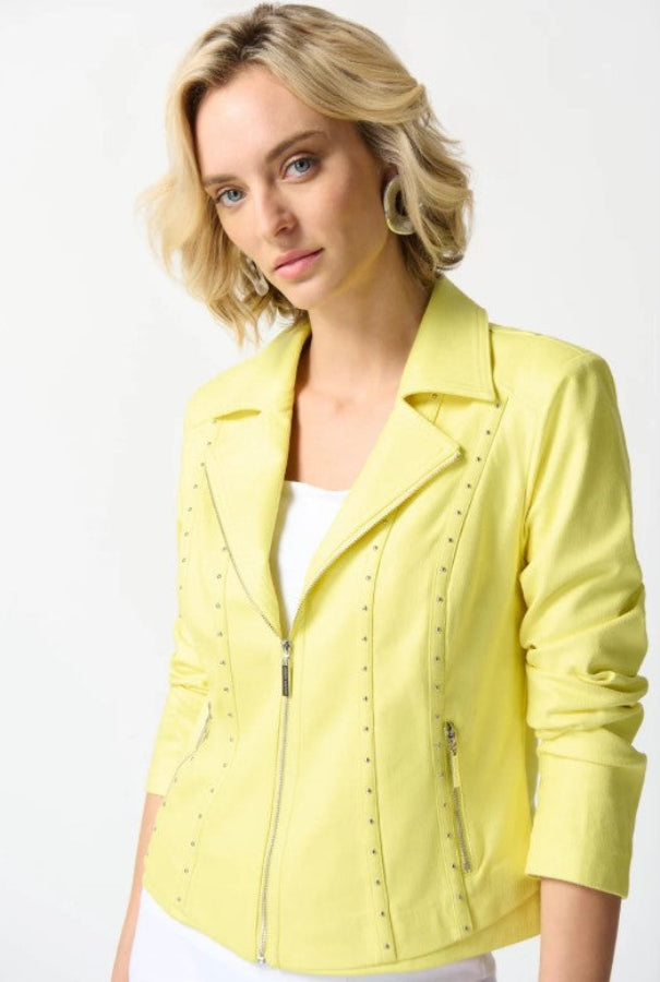 Joseph Ribkoff 242908 Yellow Faux Suede Studded Zip Front Jacket