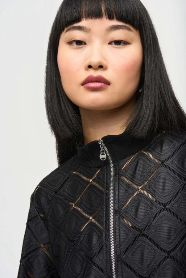 Joseph Ribkoff 243115 Black Ladder Lace Trim Bomber Jacket