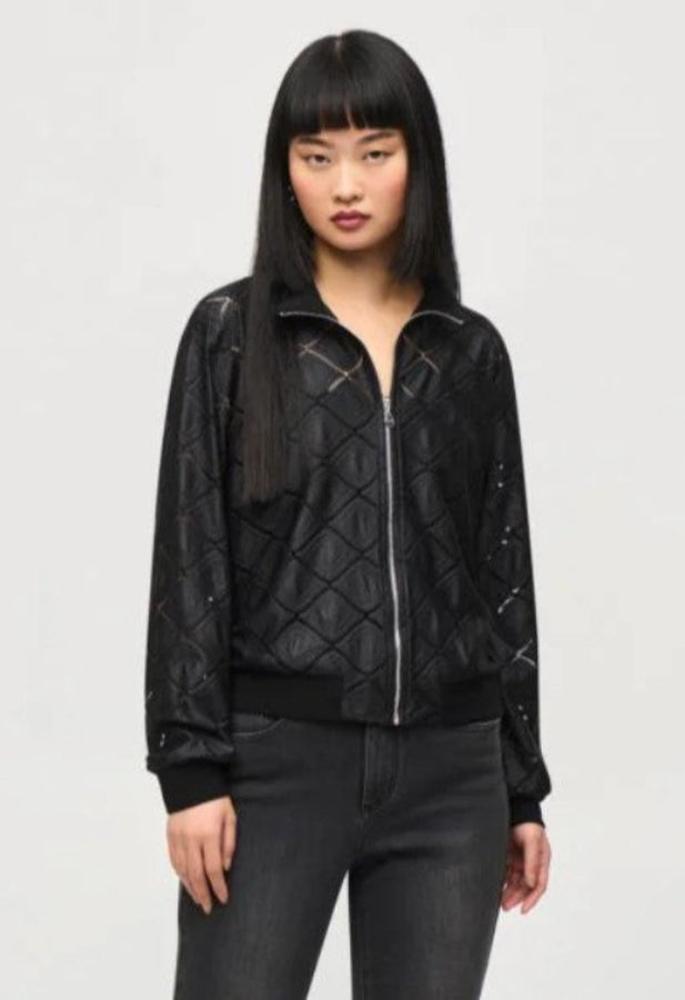 Joseph Ribkoff 243115 Black Ladder Lace Trim Bomber Jacket