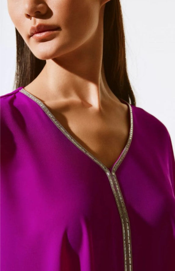 Joseph Ribkoff 243707 Empress Purple Rhinestone Trim Ruffled Chiffon Top