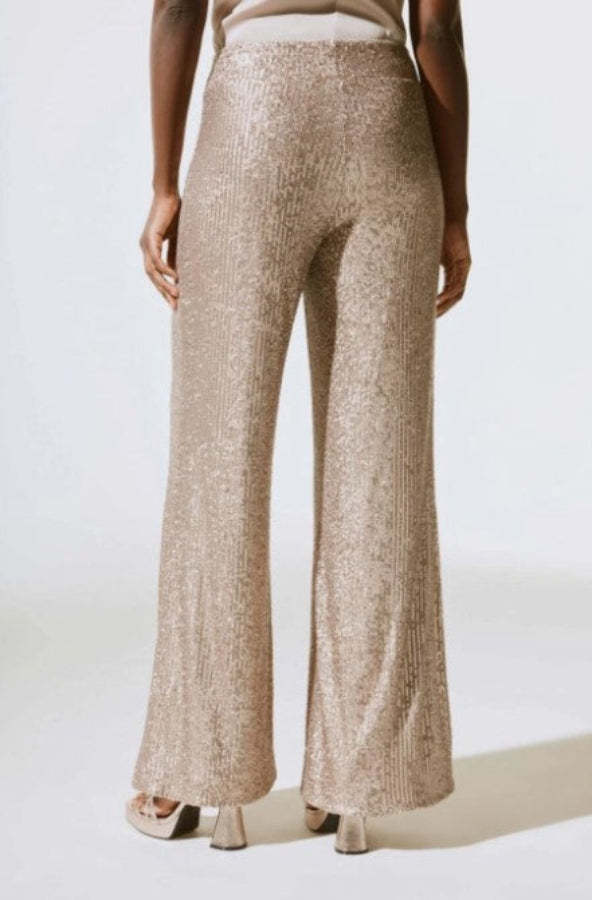 Gold sequin pants worn by a person on a white background
