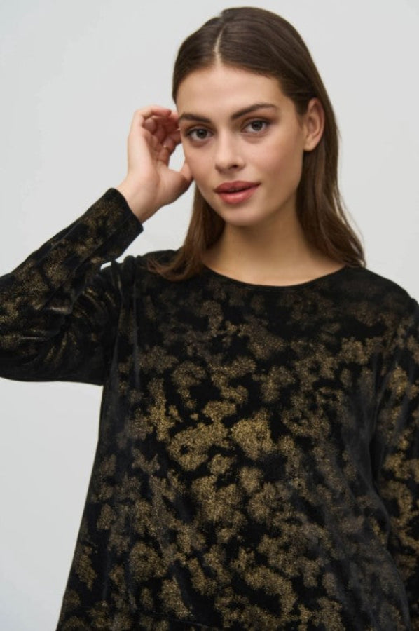 Joseph Ribkoff 244228 Black/Gold Foiled Velvet Long Sleeve Top
