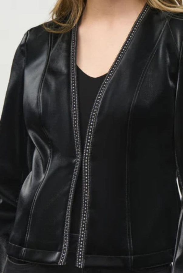Close-up of a black leather jacket with a hook-eye closure