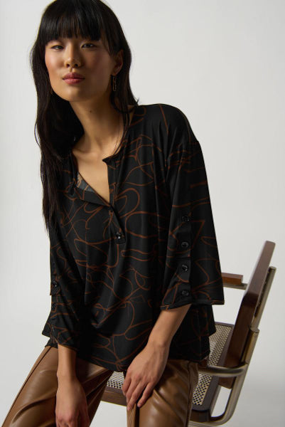 Joseph Ribkoff 233255 Black/Toffee Scribble Print Hi-Low Top