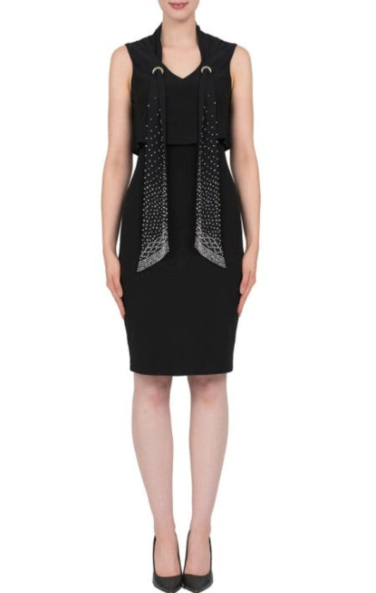 Joseph Ribkoff Midnight Blue Scarf V-Neck Sleeveless Dress 184201
