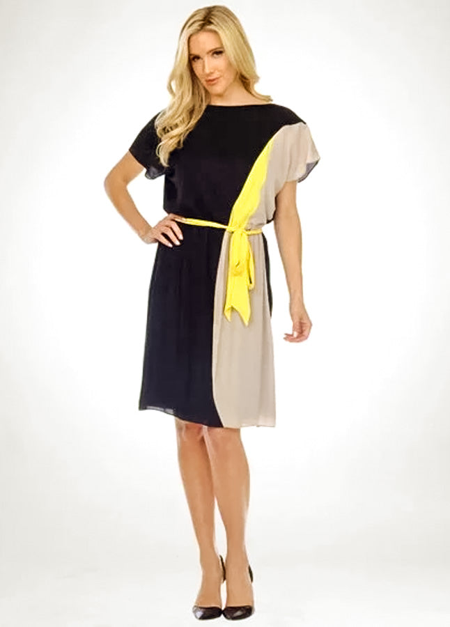 Joseph Ribkoff Black/Sand/Yellow Waist Tie Dress 212053