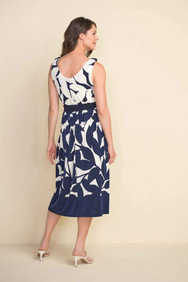 Joseph Ribkoff Navy/Off-White Leaf Print Belted Midi Dress 212168