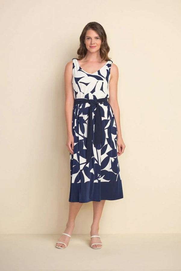 Joseph Ribkoff Navy/Off-White Leaf Print Belted Midi Dress 212168