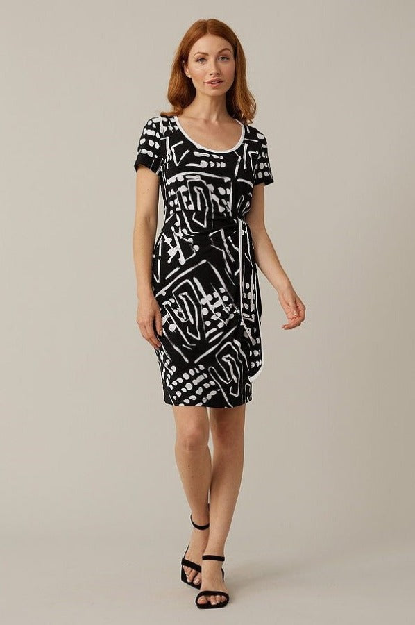 Joseph Ribkoff 221227 Black/Vanilla Abstract Print Ruched Short Sleeve Dress