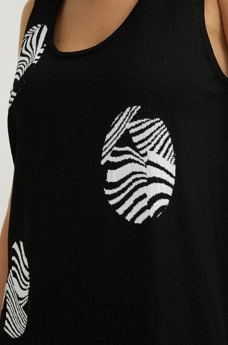 Joseph Ribkoff Black/Vanilla Round Zebra Print Sleeveless Knit Top 222915