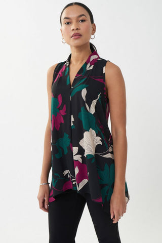Joseph Ribkoff Black/Multi Floral Print V-Neck Sleeveless Tunic Top 223108
