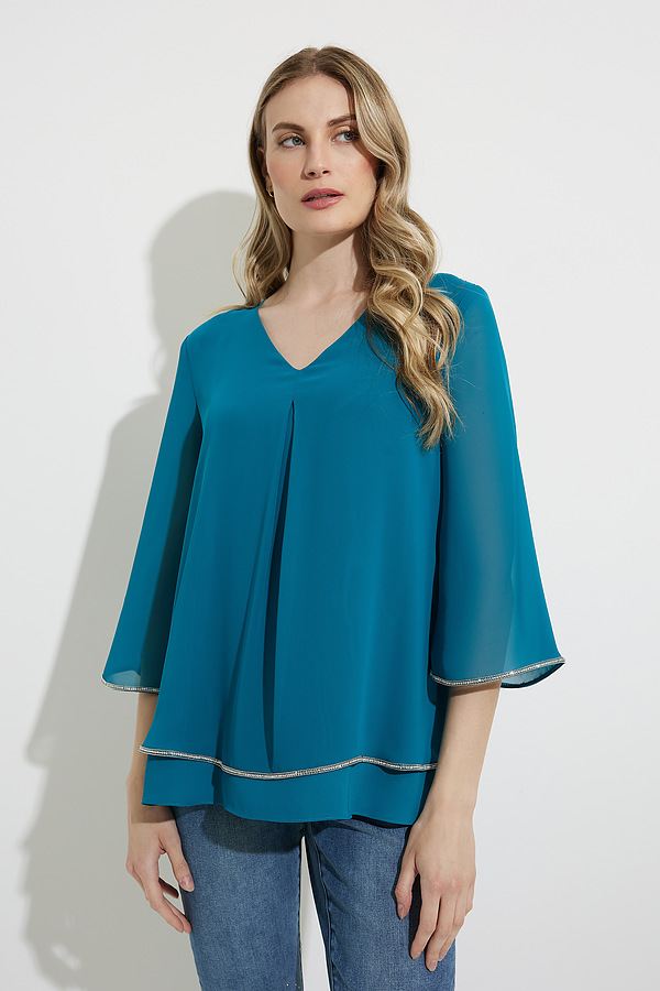 Joseph Ribkoff Lagoon Blue Layered Rhinestone Trim 3/4 Sleeve Top 224008