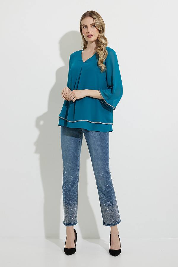 Joseph Ribkoff Lagoon Blue Layered Rhinestone Trim 3/4 Sleeve Top 224008