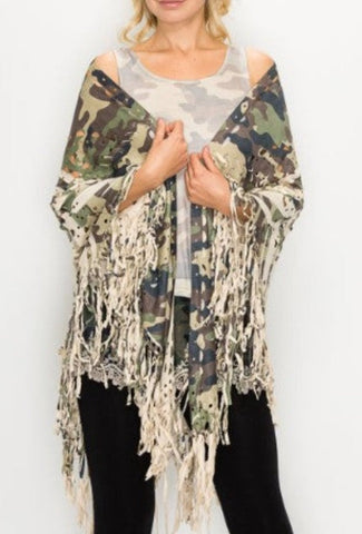 Origami 508-YM30 Camouflage Print Ultra-suede Cape with Laser Cut-Outs and Fringe