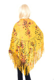 Origami 508-YM30 Big Rose Print Ultra-suede Cape with Laser Cut-Outs and Fringe