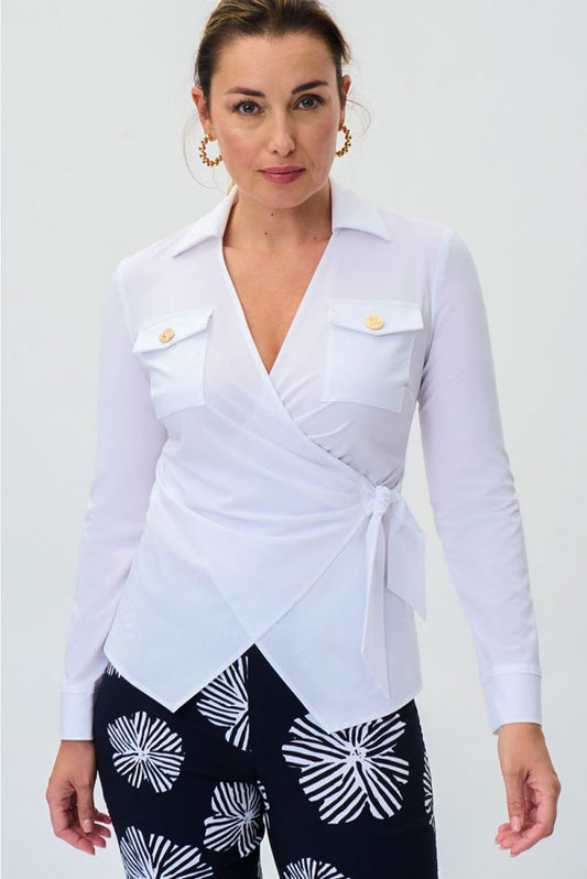 Joseph Ribkoff 231018 Optic White Surplice Long Sleeve Wrap Top