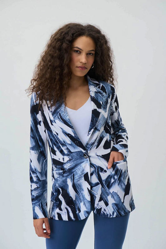 Joseph Ribkoff 231022 Midnight Blue/Ivory Brushstroke Print Blazer Jacket