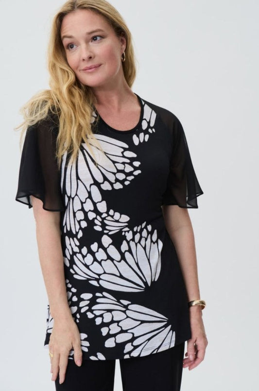 Joseph Ribkoff 231028 Black/Beige/Cream Butterfly Print Sheer Sleeve Tunic Top