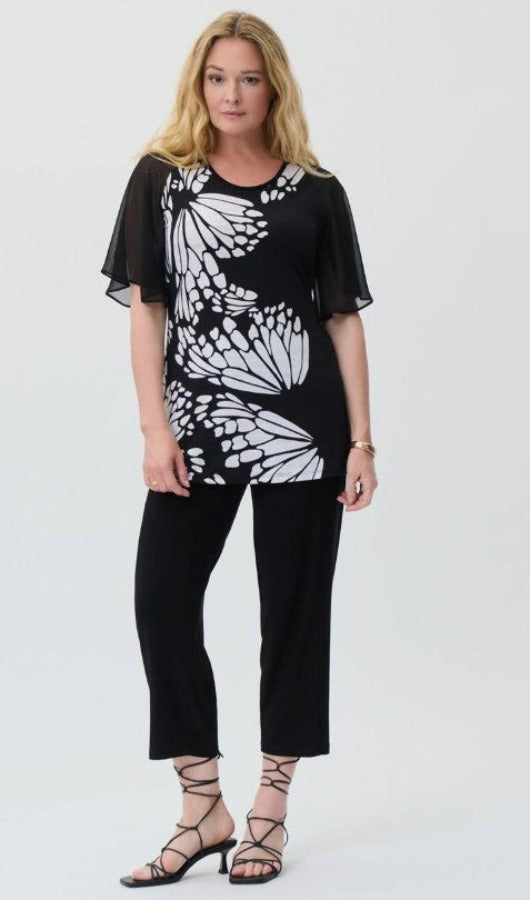 Joseph Ribkoff 231028 Black/Beige/Cream Butterfly Print Sheer Sleeve Tunic Top