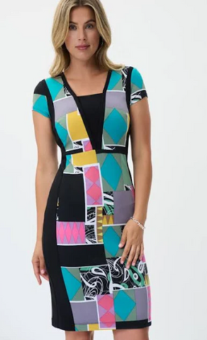 Joseph Ribkoff 231039 Black/Multi-Color Geometric Print Sheath Dress