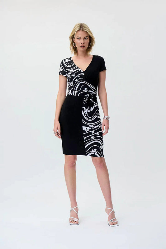 Joseph Ribkoff 231044 Black/Vanilla Ruched Waist-Tie Sheath Dress