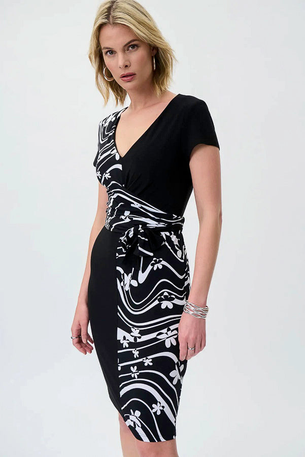 Joseph Ribkoff 231044 Black/Vanilla Ruched Waist-Tie Sheath Dress