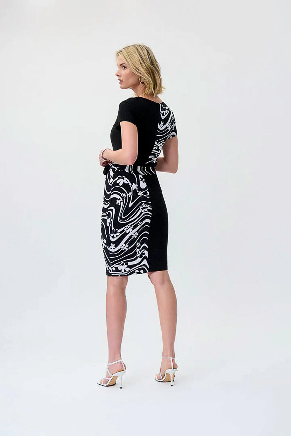 Joseph Ribkoff 231044 Black/Vanilla Ruched Waist-Tie Sheath Dress